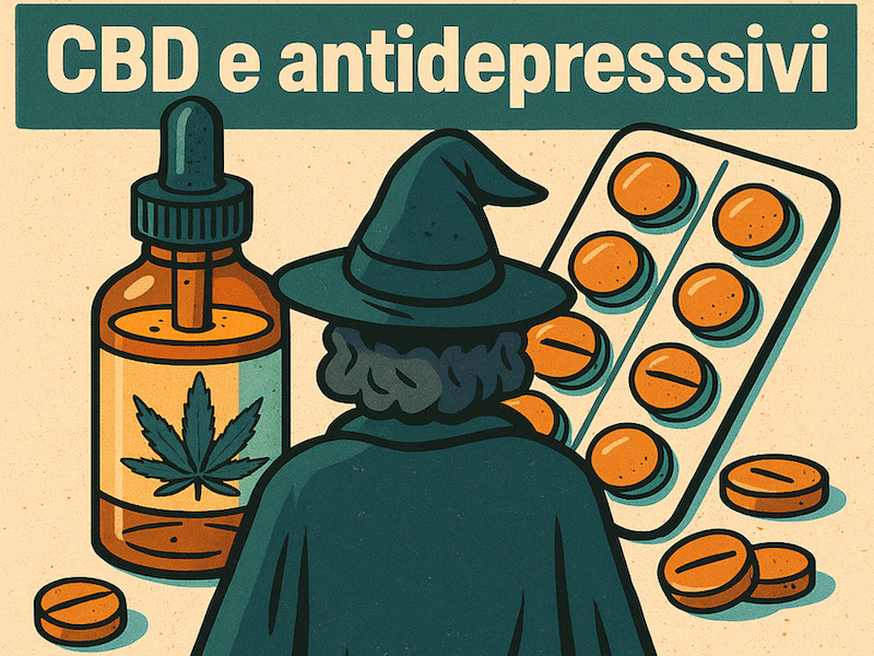 il mago osserva di spalle una boccetta di CBD con la foglia di cannabis sull'etichetta e un blister di antidepressivi. La scritta dice "CBD e antidepressivi"