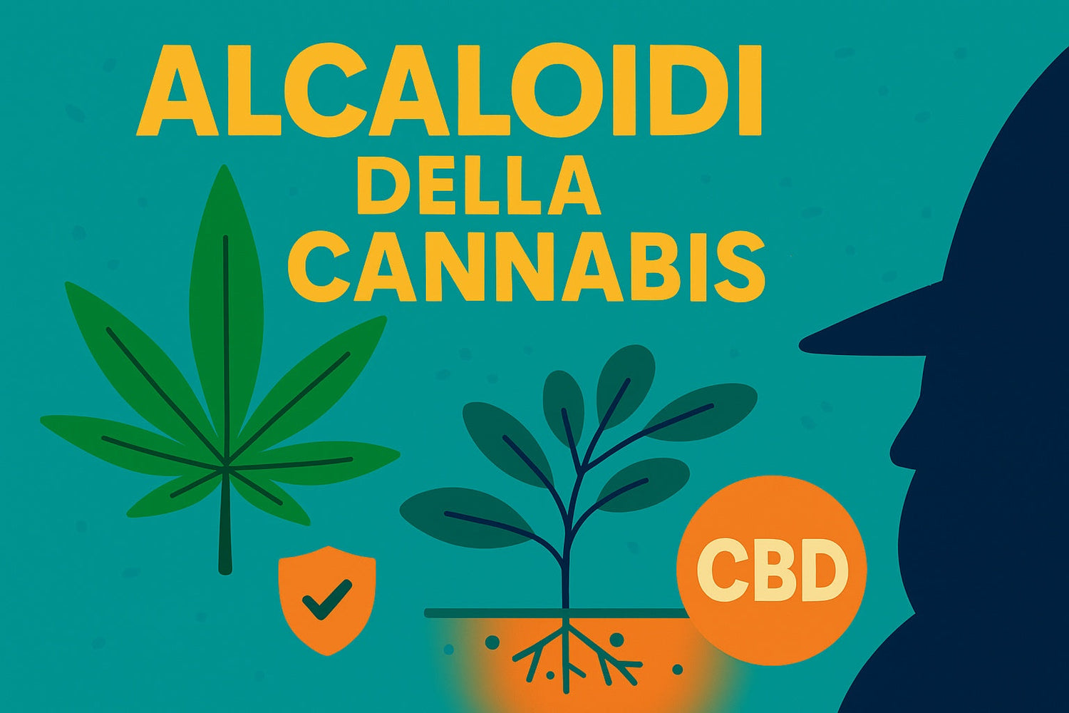 "alcaloidi della cannabis" è la scritta. Sfondo uniforme, c'è una foglia, una pianta in vaso e il profilo del Mago di Weedzard a destra