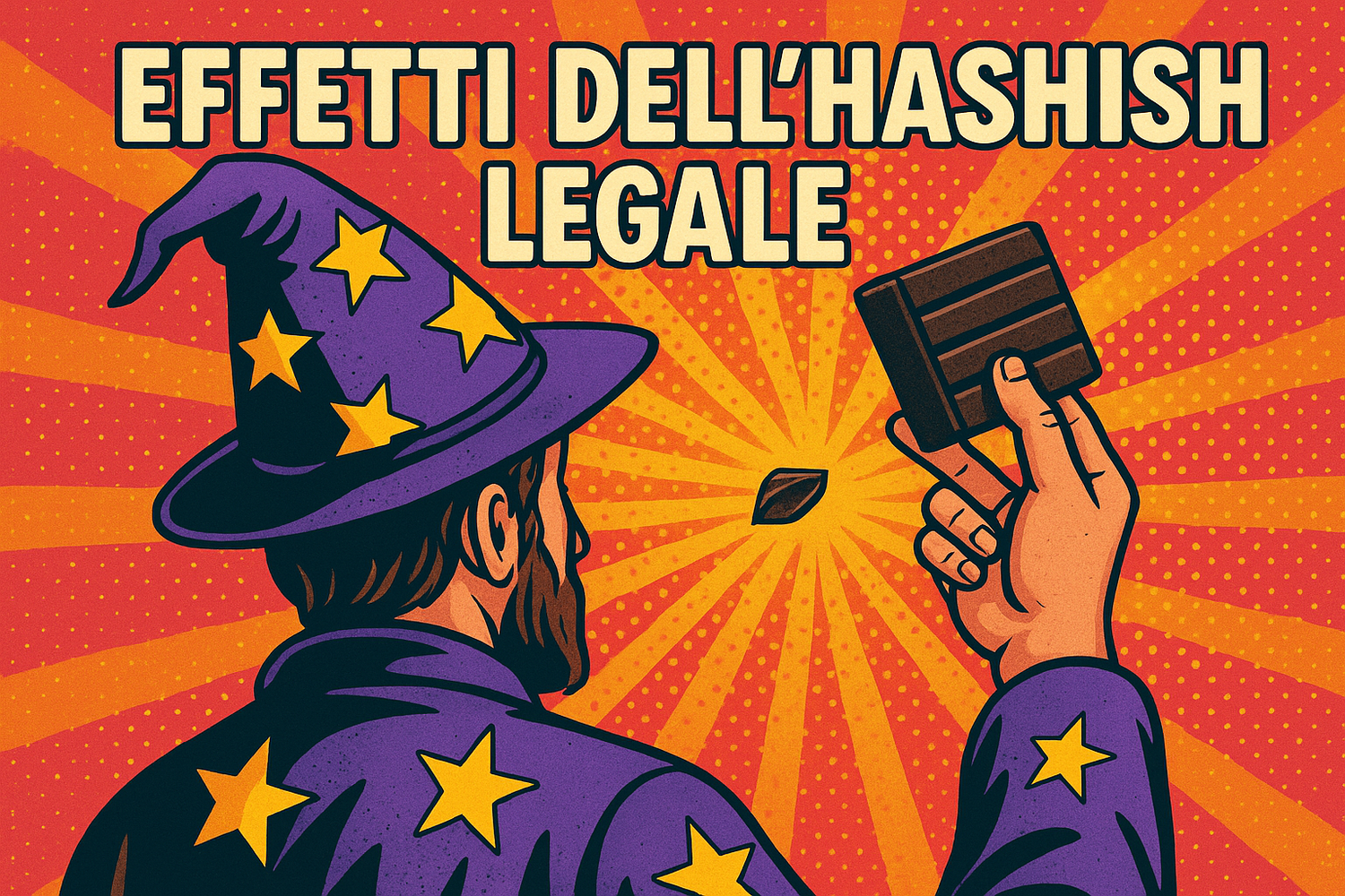 il mago di weedzard con veste e cappello stellati tiene in mano una tavoletta di cioccolato che sembra hashish. la scritta dice "Effetti dell'hashish legale"