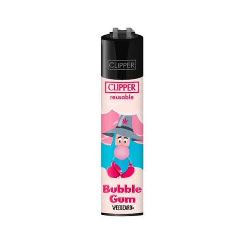 Accendino Clipper con grafica rosa e blu, personaggio che mastica gomma. Testo: "Clipper reusable Bubble Gum WEEDZARD".