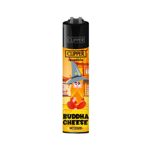 Accendino Clipper con design colorato raffigurante un personaggio con cappello da mago. Testo: "CLIPPER reusable BUDDHA CHEESE WEEDZARD."