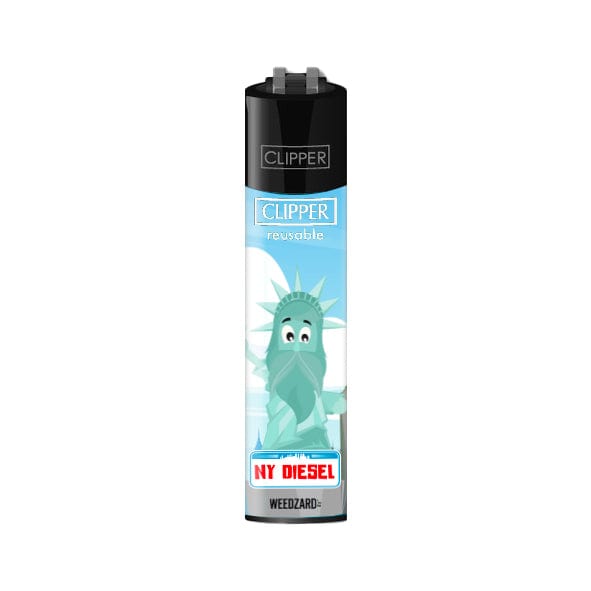 Accendino Clipper con immagine della Statua della Libertà con volto da mago; testo: "CLIPPER reusable," "NY DIESEL," "WEEDZARD."