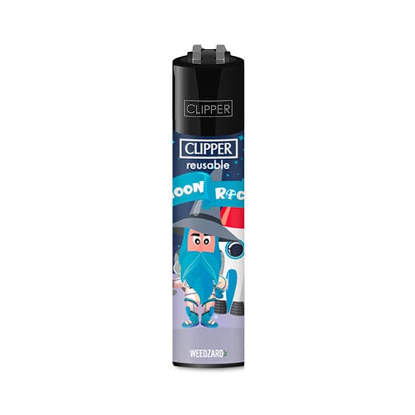 Accendino Clipper illustrato con mago con barba blu stilizzato; scritte: "CLIPPER reusable", "WEEDZARD".