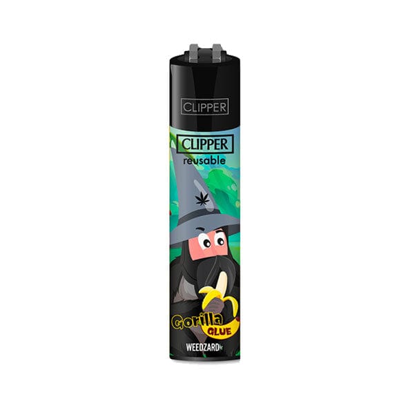 Accendino Clipper nero con grafica di un mago che mangia una banana. Testo: "Clipper reusable Gorilla Glue, WEEDZARD."