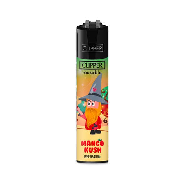 Accendino Clipper con disegno di mago e capelli-barba arancioni. Testo: "CLIPPER reusable", "MANGO KUSH", "WEEDZARD".