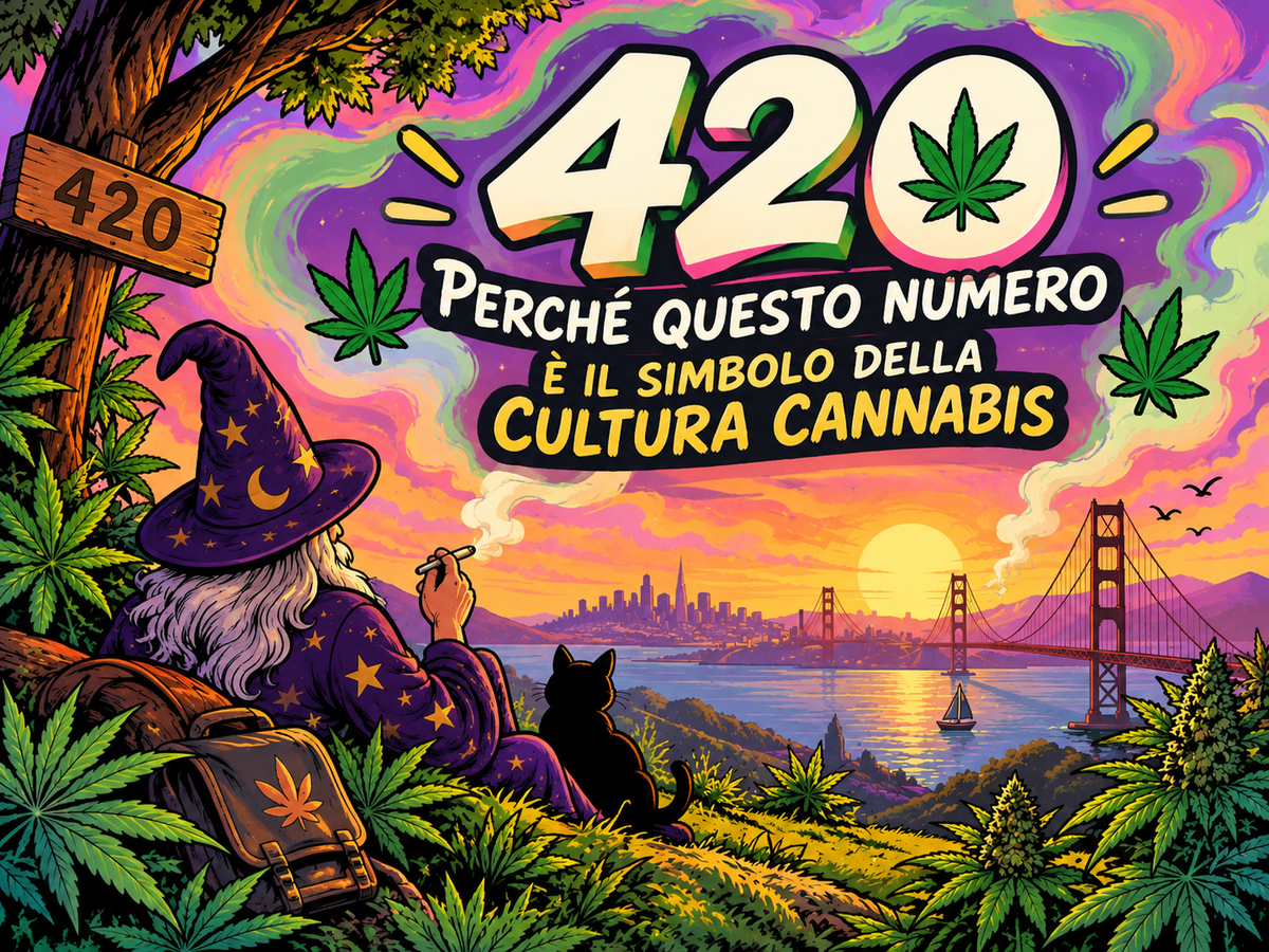 Il Mago osserva la baia di San Francisco al tramonto, circondato da foglie di cannabis, mentre il numero 420 domina il cielo e richiama le origini californiane di questo simbolo della cultura cannabis