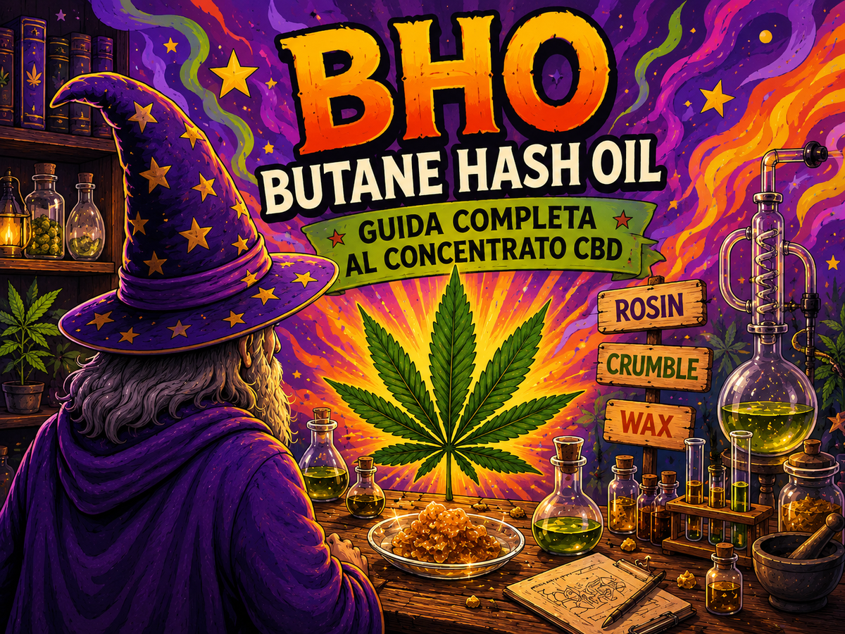 il Mago di spalle osserva una foglia di cannabis centrale, ampolle da laboratorio e confronto con rosin, crumble e wax.