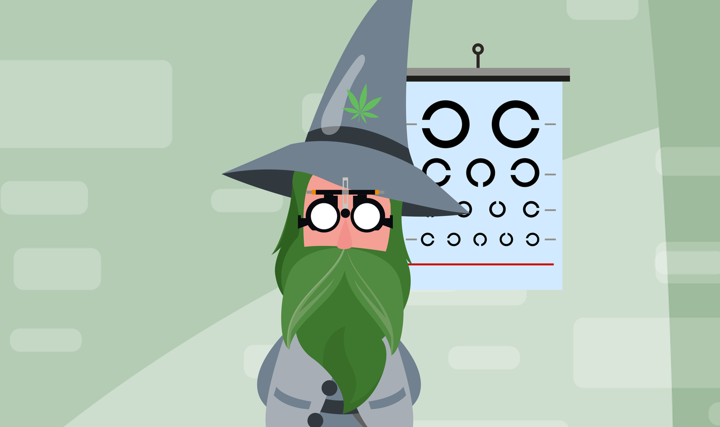 il mago di weedzard con cappello verde e barba verde guarda in camera. Dietro di lui, una tabella per esami oculistici. sfondo verde leggero fantasioso
