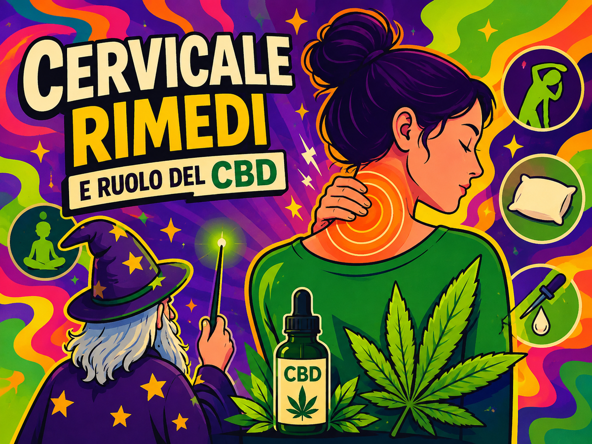 Il Mago osserva una donna con dolore cervicale, circondata da simboli di stretching, postura, caldo e freddo, olio CBD e cannabis, tra i possibili rimedi per la cervicale.