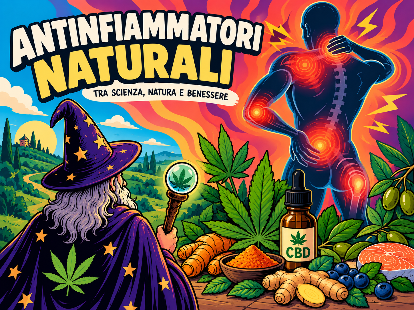 Il Mago osserva i punti dell’infiammazione nel corpo, circondato da antinfiammatori naturali come CBD, curcuma, zenzero e omega-3