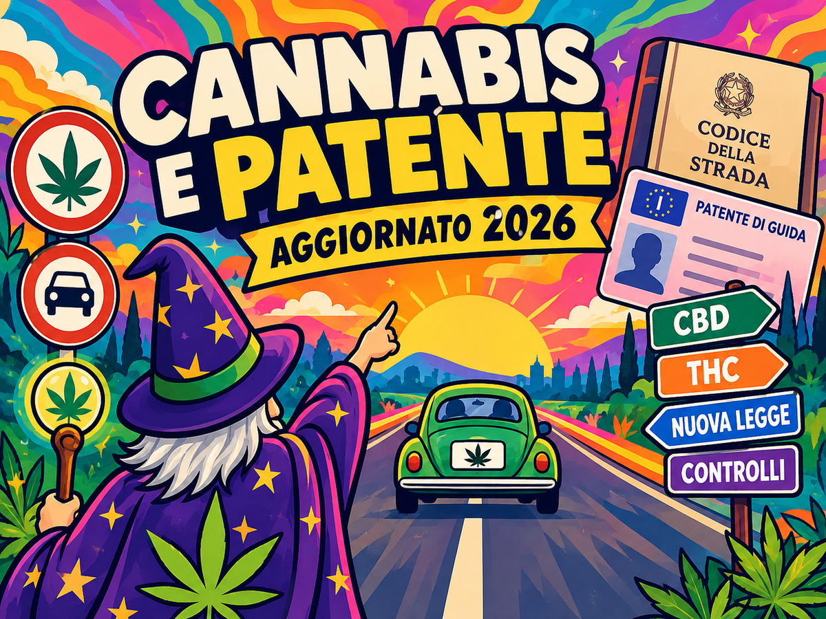 Il Mago di Weedzard osserva un’auto sulla strada tra patente, Codice della Strada, CBD e THC nella nuova legge 2026 su cannabis e patente