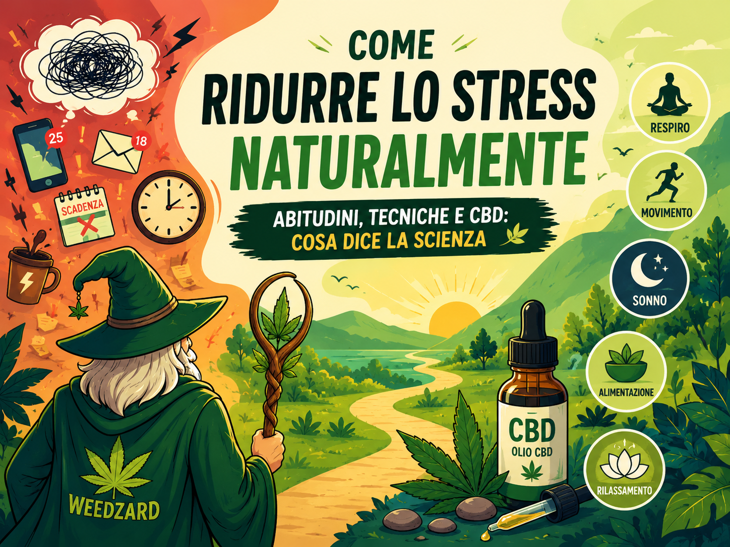 Il Mago osserva il percorso per ridurre lo stress naturalmente, tra respirazione, movimento, sonno, alimentazione, rilassamento e olio CBD.