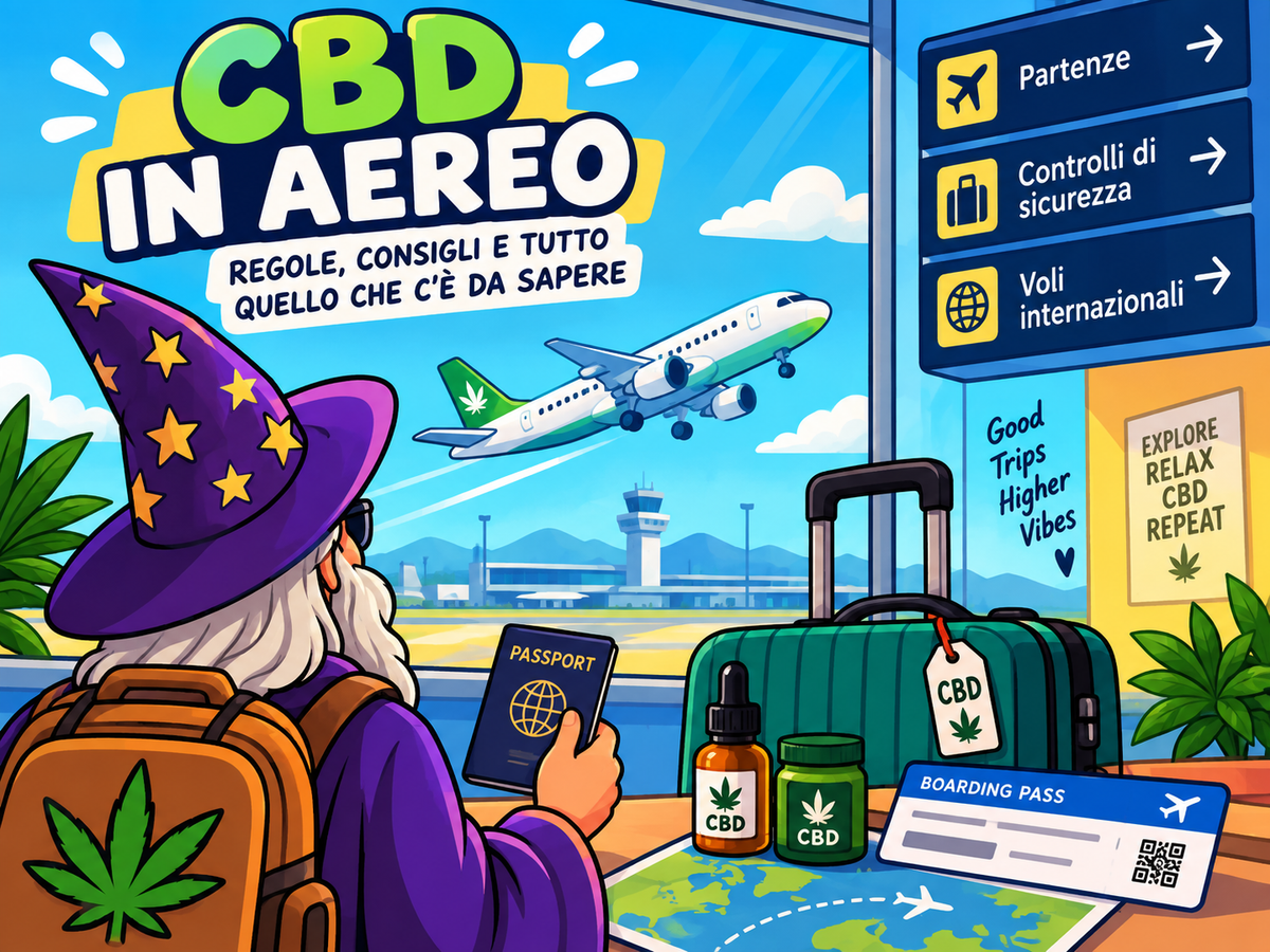 Il Mago in aeroporto con valigia, CBD e passaporto prima di un viaggio in aereo