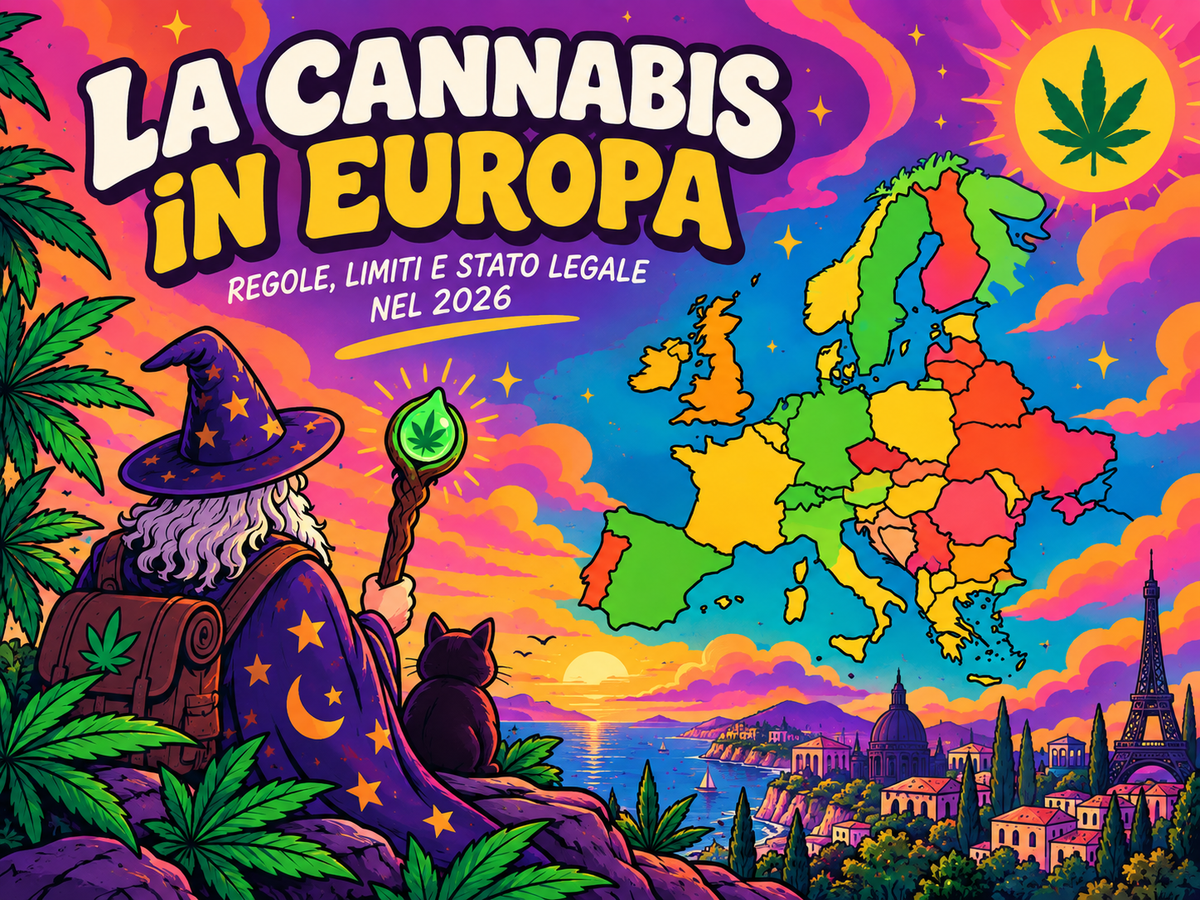 Il Mago osserva una mappa dell’Europa che rappresenta la legalità della cannabis nei diversi paesi europei nel 2026, tra legalizzazione, depenalizzazione e restrizioni.