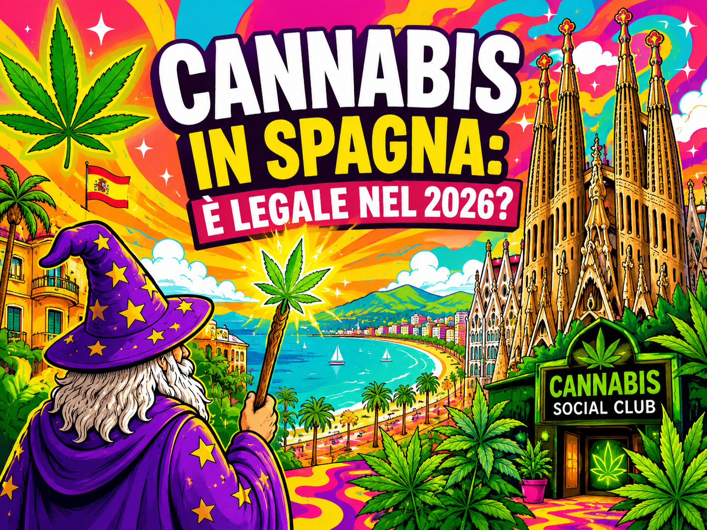 Il Mago di Weedzard osserva di spalle il mare, la costa spagnola, i monumenti di Barcellona, la bandiera della Spagna e grandi foglie di cannabis