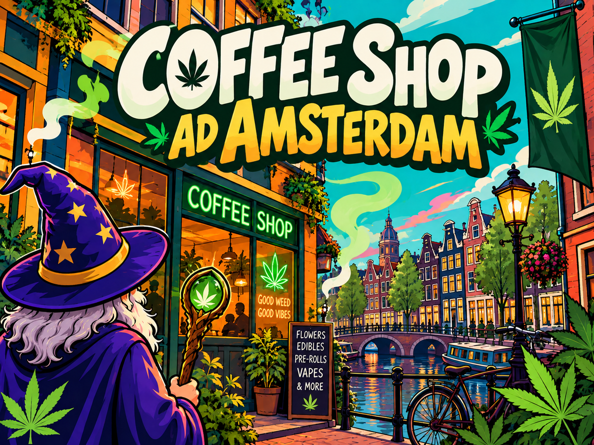 Il Mago osserva un coffee shop ad Amsterdam affacciato sui caratteristici canali olandesi, tra biciclette, case storiche e foglie di cannabis