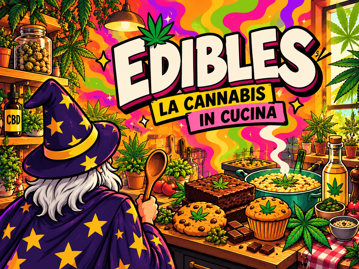 Il Mago osserva una cucina psichedelica con edibles alla cannabis, dolci, ricette salate, CBD e foglie di canapa.