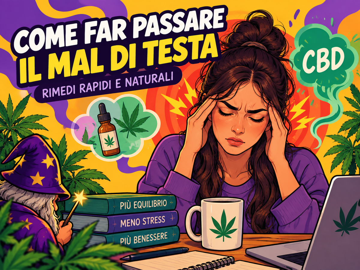 Il Mago osserva una ragazza con il mal di testa, tra riferimenti al CBD e ai rimedi naturali per alleviare il dolore e ritrovare il benessere