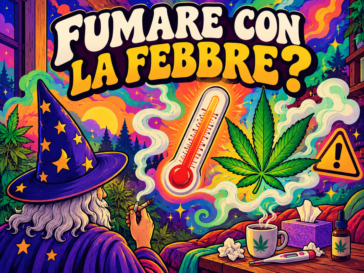 Il Mago osserva un termometro, una foglia di cannabis e il fumo, in un’illustrazione psichedelica dedicata al tema del fumare erba con la febbre.