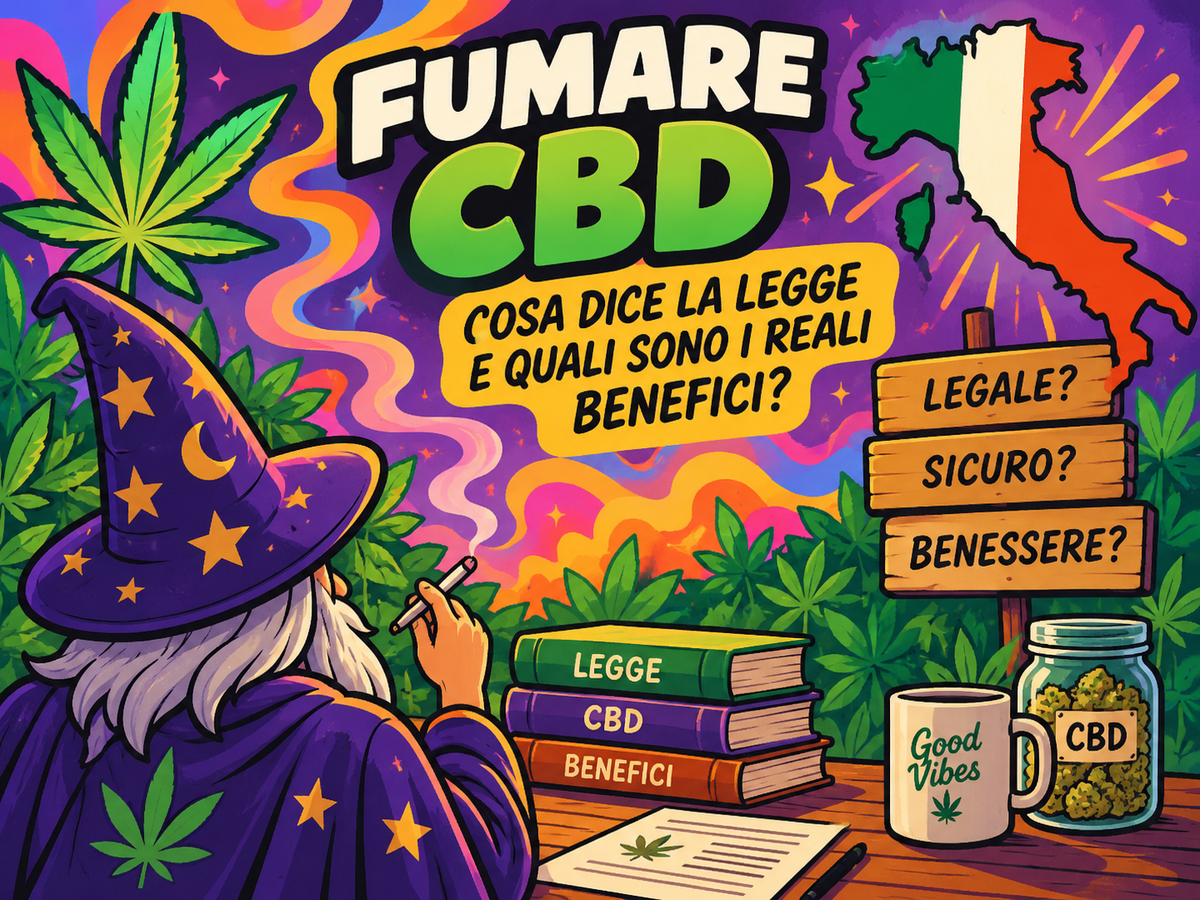  Il Mago osserva un paesaggio psichedelico dedicato al fumare CBD in Italia, tra cannabis legale, benefici e normativa