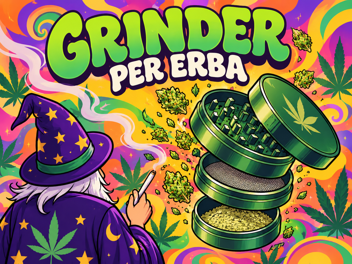 Il Mago osserva un grinder per erba a più camere con kief e infiorescenze di cannabis su sfondo psichedelico