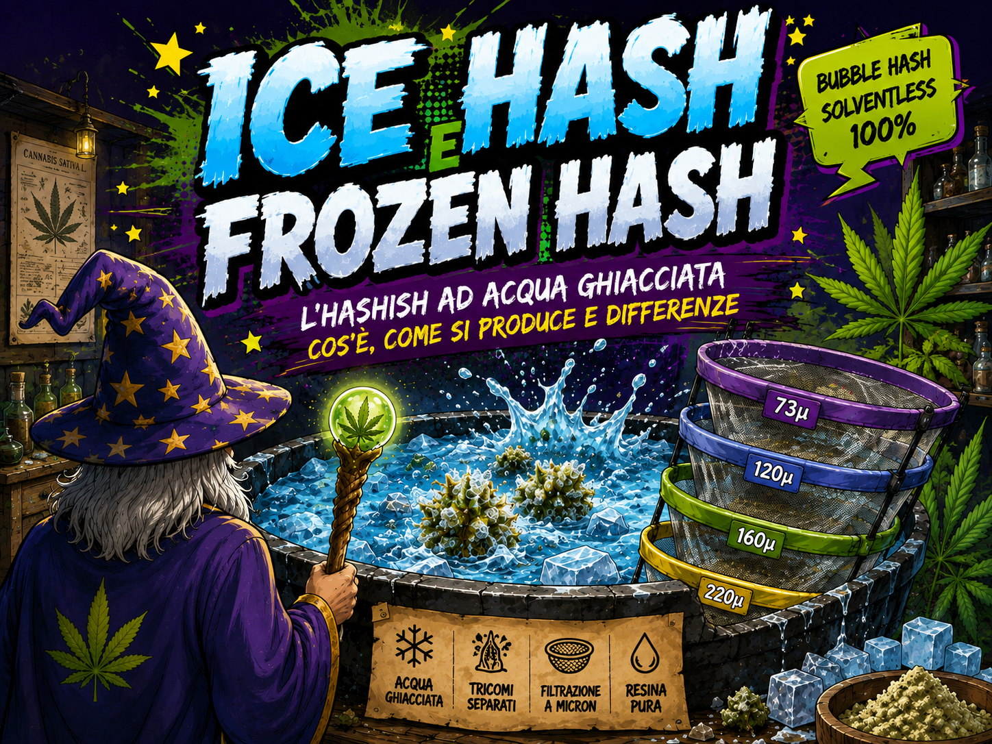 Il Mago osserva la produzione di ice hash e frozen hash con acqua ghiacciata, sacchi filtranti a micron, tricomi e resina CBD.