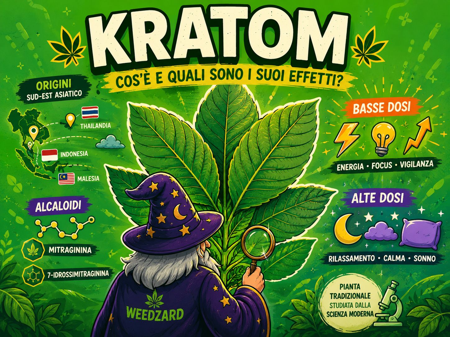 Illustrazione del kratom con il Mago di Weedzard che osserva la pianta Mitragyna speciosa, gli alcaloidi principali e gli effetti associati a basse e alte dosi.