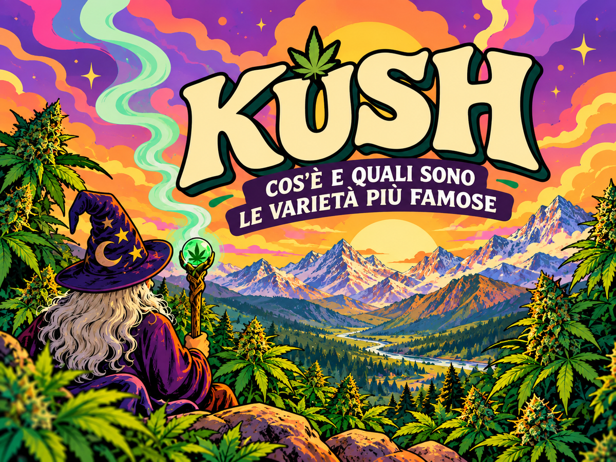 Il Mago osserva le montagne dell’Hindu Kush circondato da piante di cannabis, in un paesaggio psichedelico dedicato alle varietà Kush più famose.