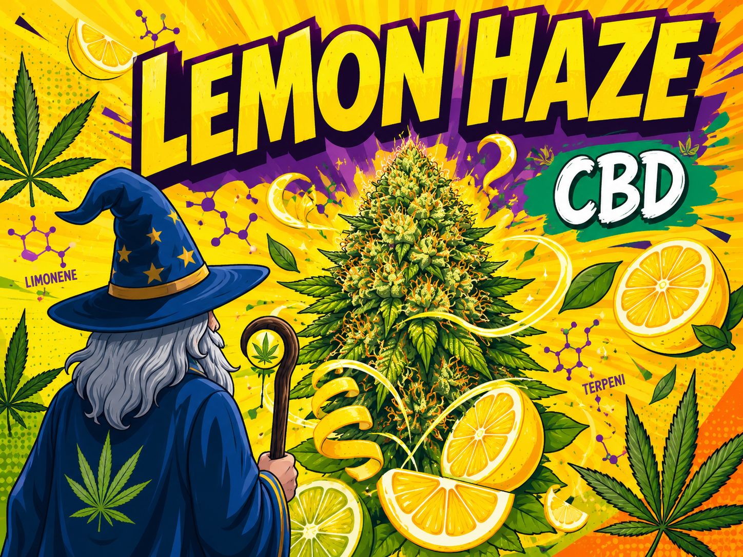 Illustrazione della varietà Lemon Haze CBD con infiorescenza di cannabis, limoni, terpeni e il Mago di Weedzard di spalle in stile pop vettoriale