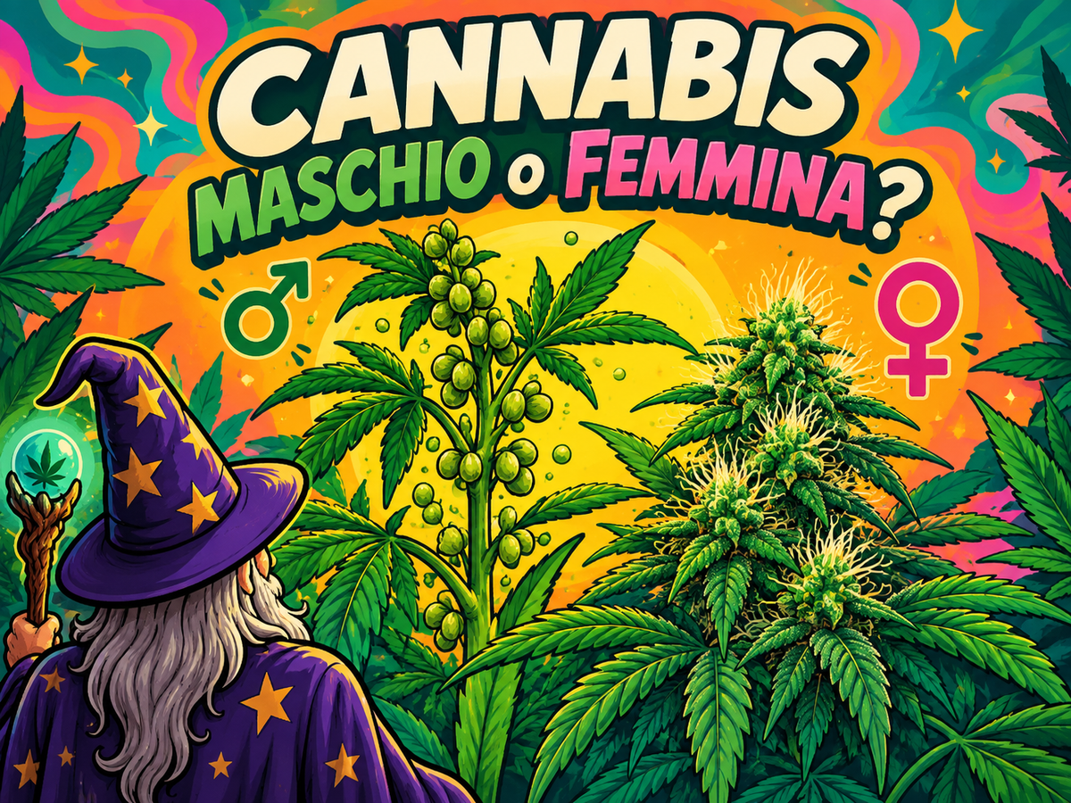 Il Mago osserva le differenze tra una pianta di cannabis maschio e femmina, con sacche polliniche e infiorescenze femminili