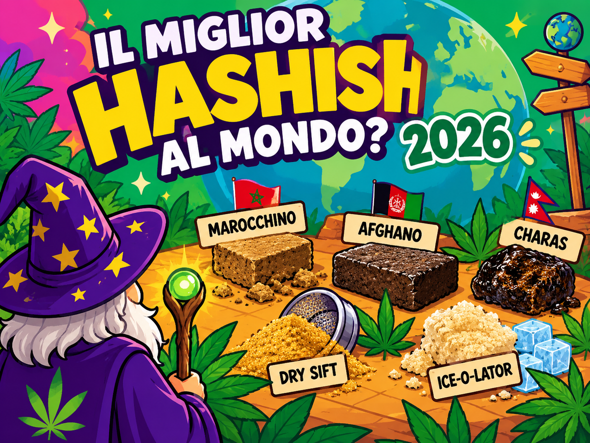 Il Mago osserva cinque tipi di hashish disposti su un tavolo: marocchino dorato, afghano scuro, Charas nera, Dry Sift in polvere e Ice-O-Lator chiaro, davanti a un grande mappamondo verde e azzurro.