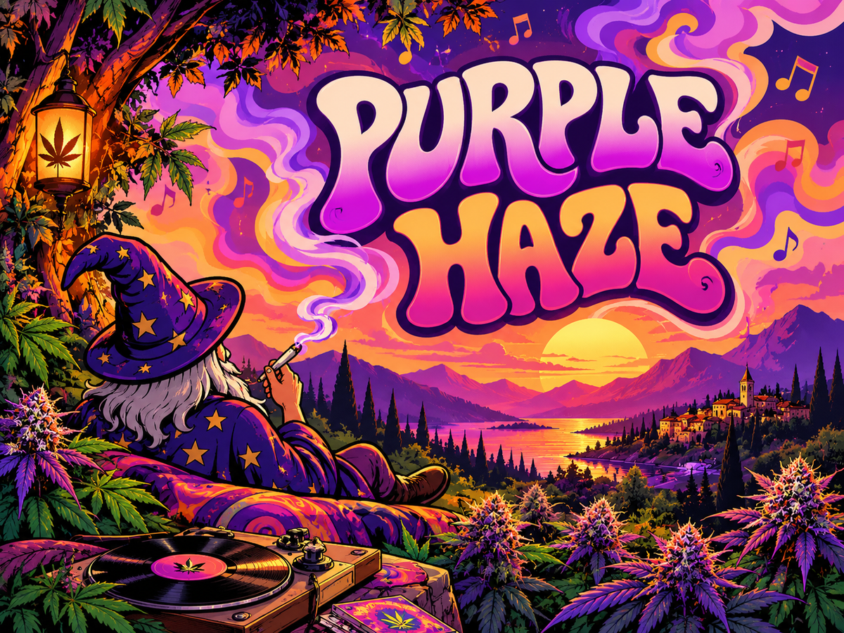 Il Mago osserva un paesaggio psichedelico tra piante di cannabis viola e richiami musicali, con la scritta Purple Haze