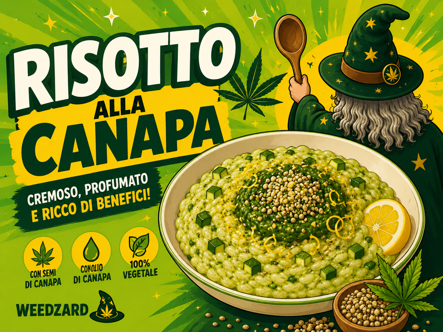 thumbnail ricetta risotto alla canapa, sfondo verde, risotto in primo piano, Mago di spalle con cucchiaio in mano