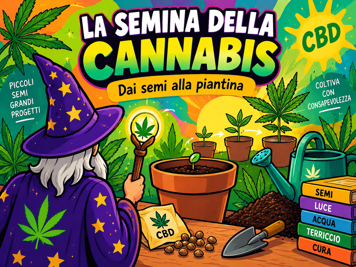 Il Mago osserva semi, germogli e giovani piante di cannabis CBD durante le prime fasi della semina e della germinazione.