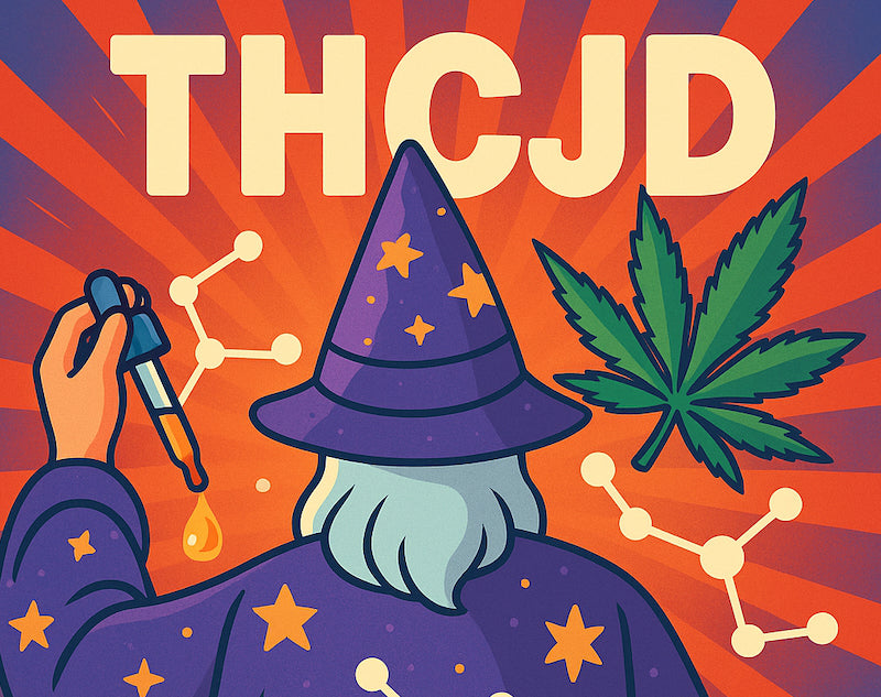 il Mago di spalle con cappello e veste stellati tiene nella sinistra un erogatore di gocce e sulla destra una foglia di cannabis. Nell'immagine c'è anche la molecola del THCJD stilizzata.