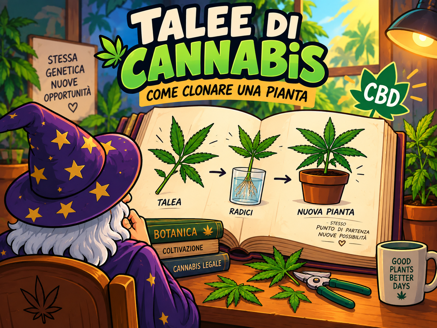 Il Mago osserva un libro di botanica che illustra le talee di cannabis CBD, dalla radicazione del ramo alla crescita della nuova pianta.