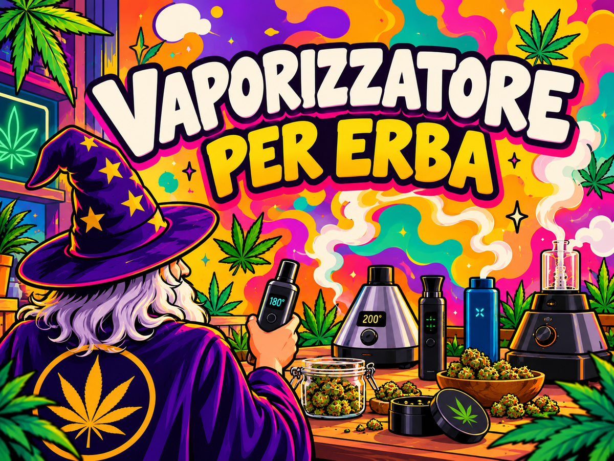 Il Mago osserva diversi vaporizzatori per erba tra foglie di cannabis e infiorescenze, in una scena psichedelica dedicata alla scelta del vaporizzatore.