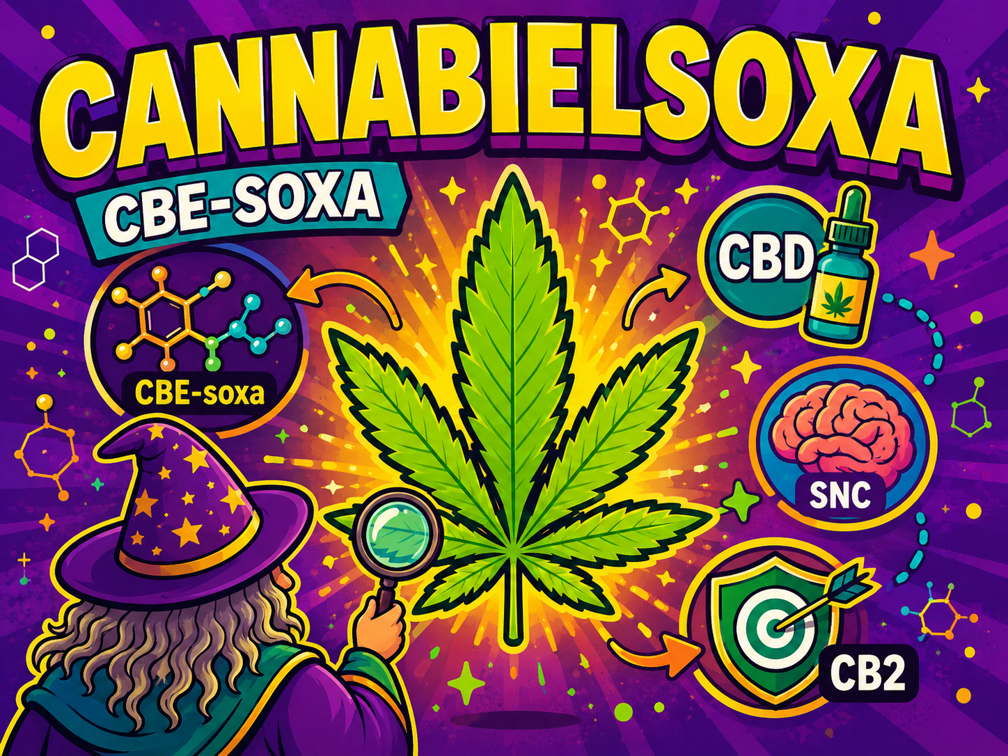 Illustrazione del cannabielsoxa CBE-soxa con foglia di cannabis, Mago Weedzard, CBD, SNC e recettori CB2