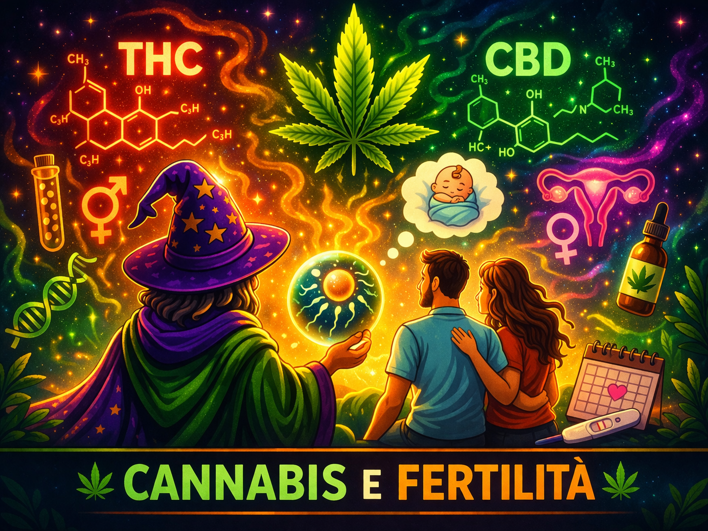 il Mago di spalle tiene un ovulo umano. Una coppia pensa a un bimbo e sullo sfondo immagini psichedeliche di CBD e cannabis