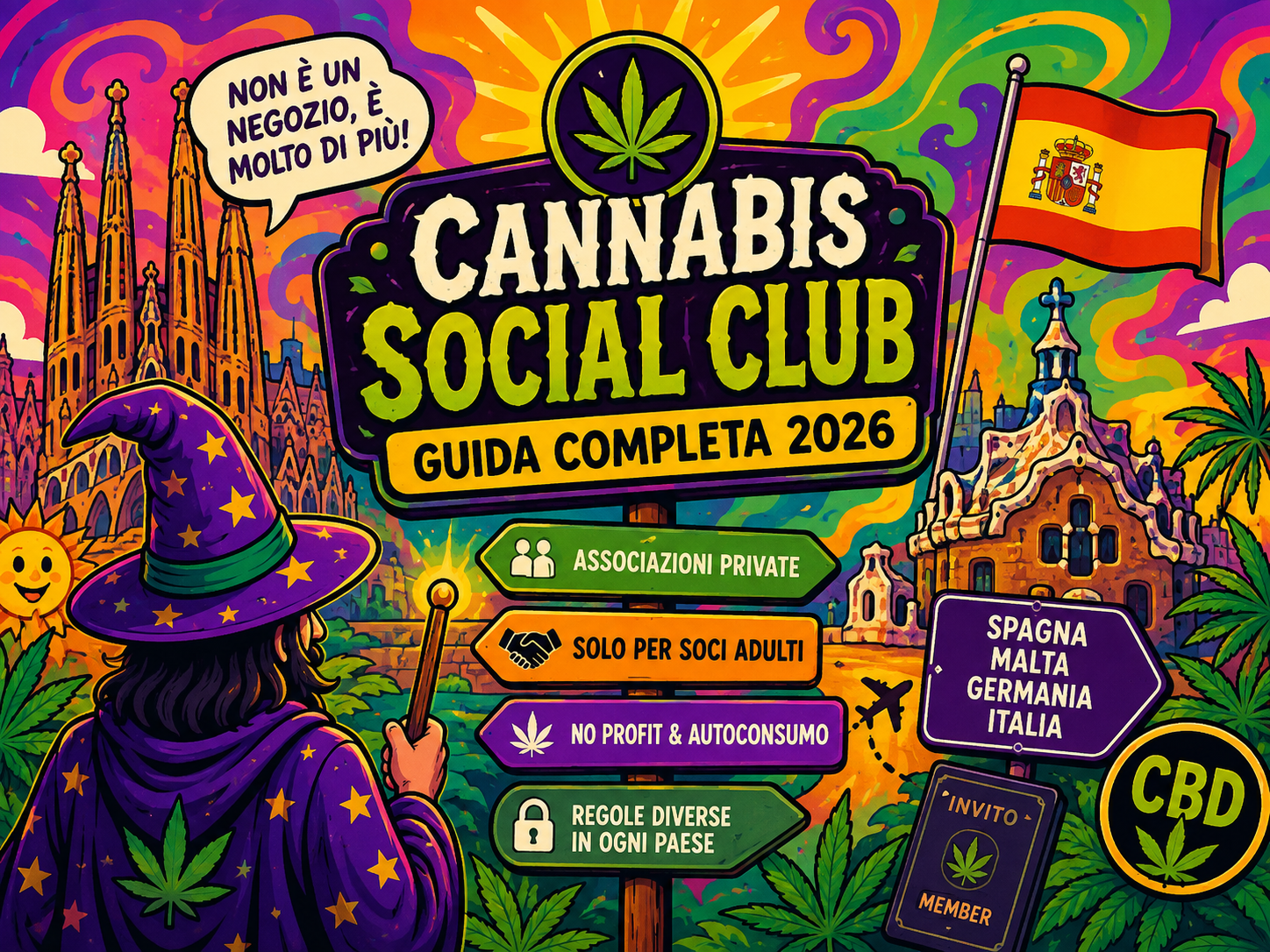 Il Mago di Weedzard guarda una guida illustrata sui Cannabis Social Club in Europa, con riferimenti a Spagna, Malta, Germania e Italia