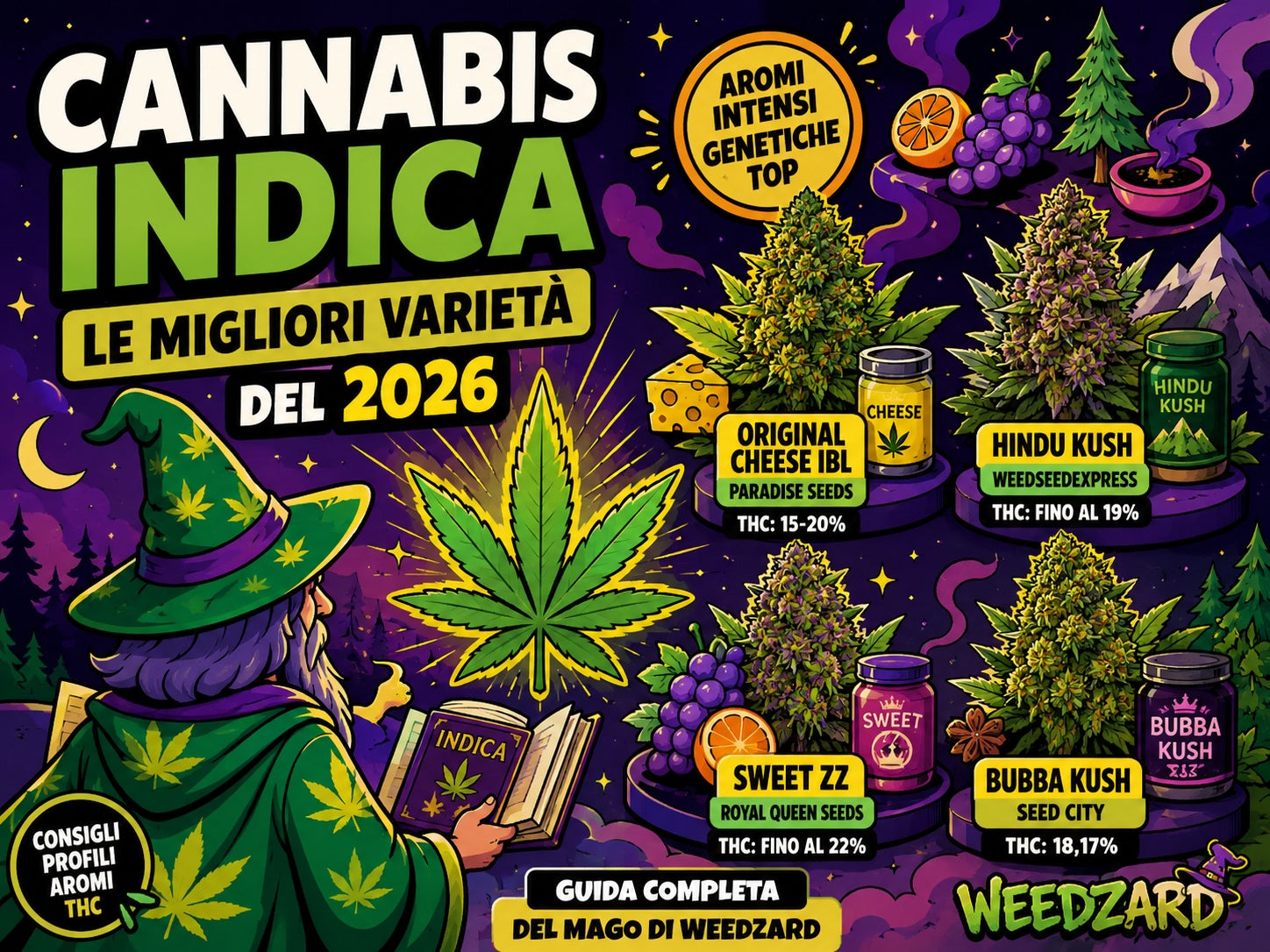 thumbnail "cannabis indica le migliori varietà del 2026", il mago distale osserva le 4 varietà migliori di indica. Stile psichedelico
