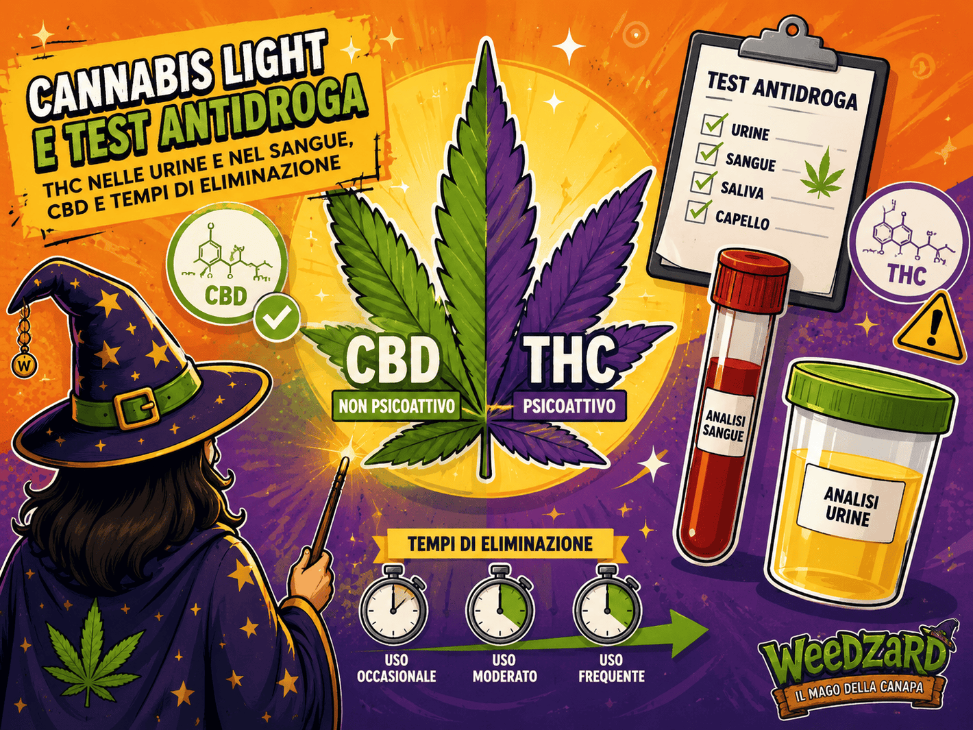 Mago Weedzard di spalle davanti a una foglia di cannabis CBD e THC con analisi sangue, urine e checklist test antidroga