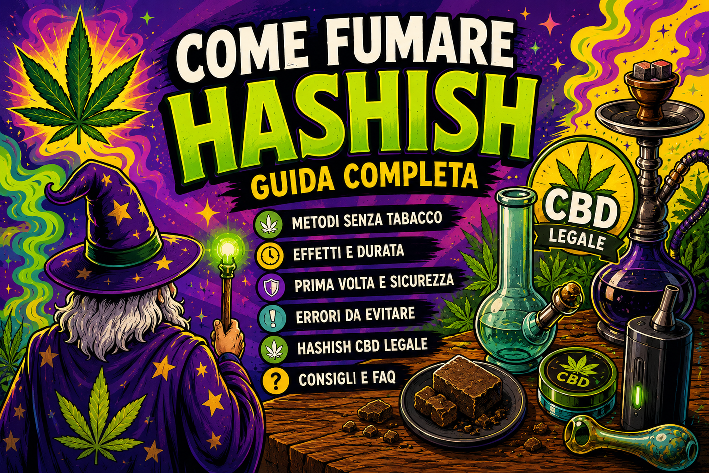 Il Mago di Weedzard di spalle osserva hashish CBD legale, bong, vaporizzatore e consigli su effetti e sicurezza
