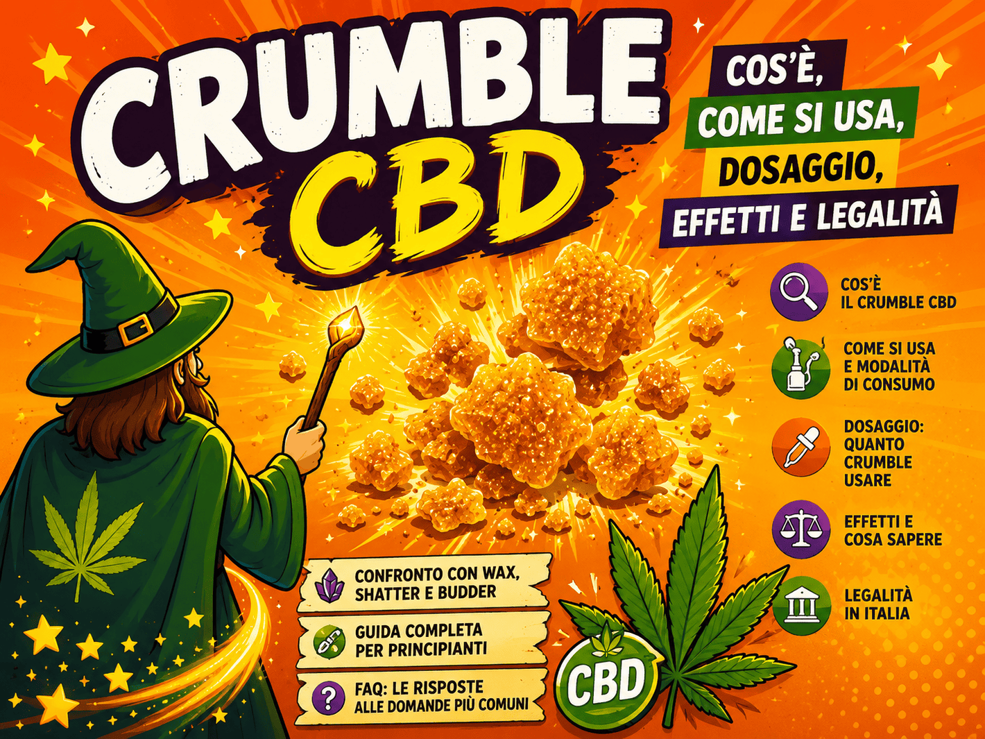 Illustrazione del crumble CBD, concentrato di cannabis light, con il Mago Weedzard e frammenti di estratto color ambra.