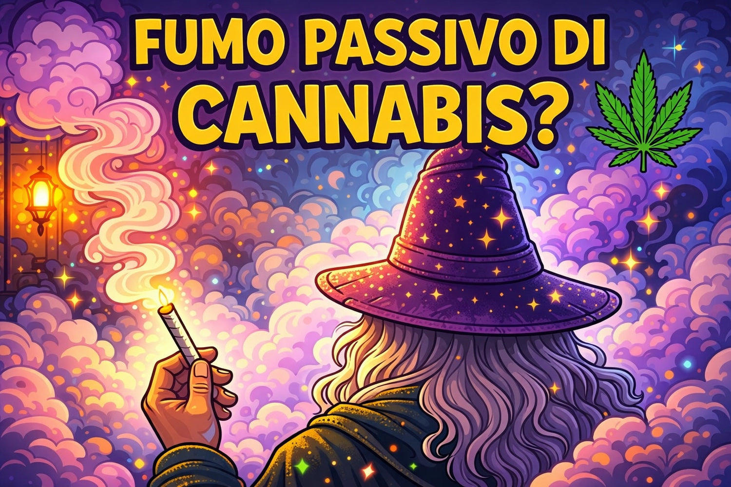 il mago di spalle è in una nuvola colorata di fumo passivo di cannabis. il titolo dice "FUMO PASSIVO DI CANNABIS?"