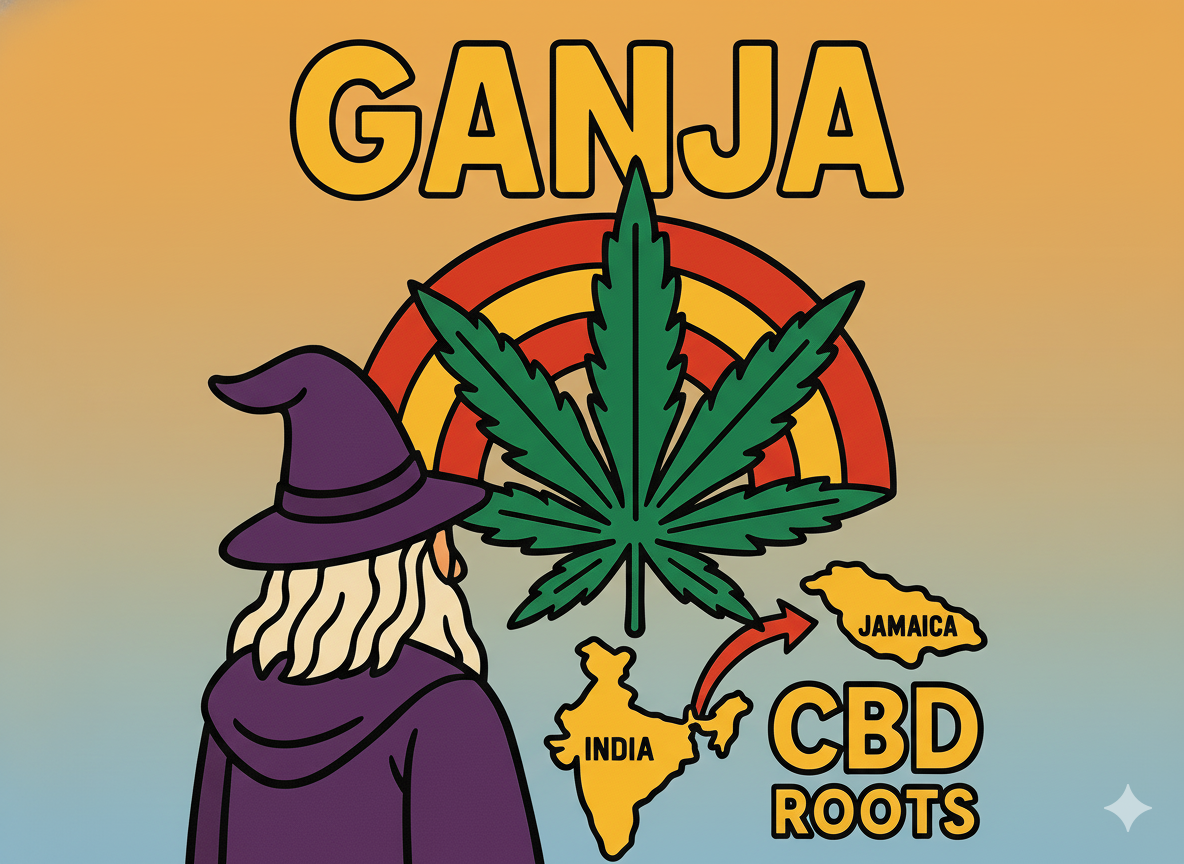 mago di spalle osserva foglia di canapa con dietro una specie di arcobaleno giallo e rosso. Sopra, la scritta "Ganja" in maiuscolo. In basso, i profili di India e Jamaica con la scritta "CBD Roots"