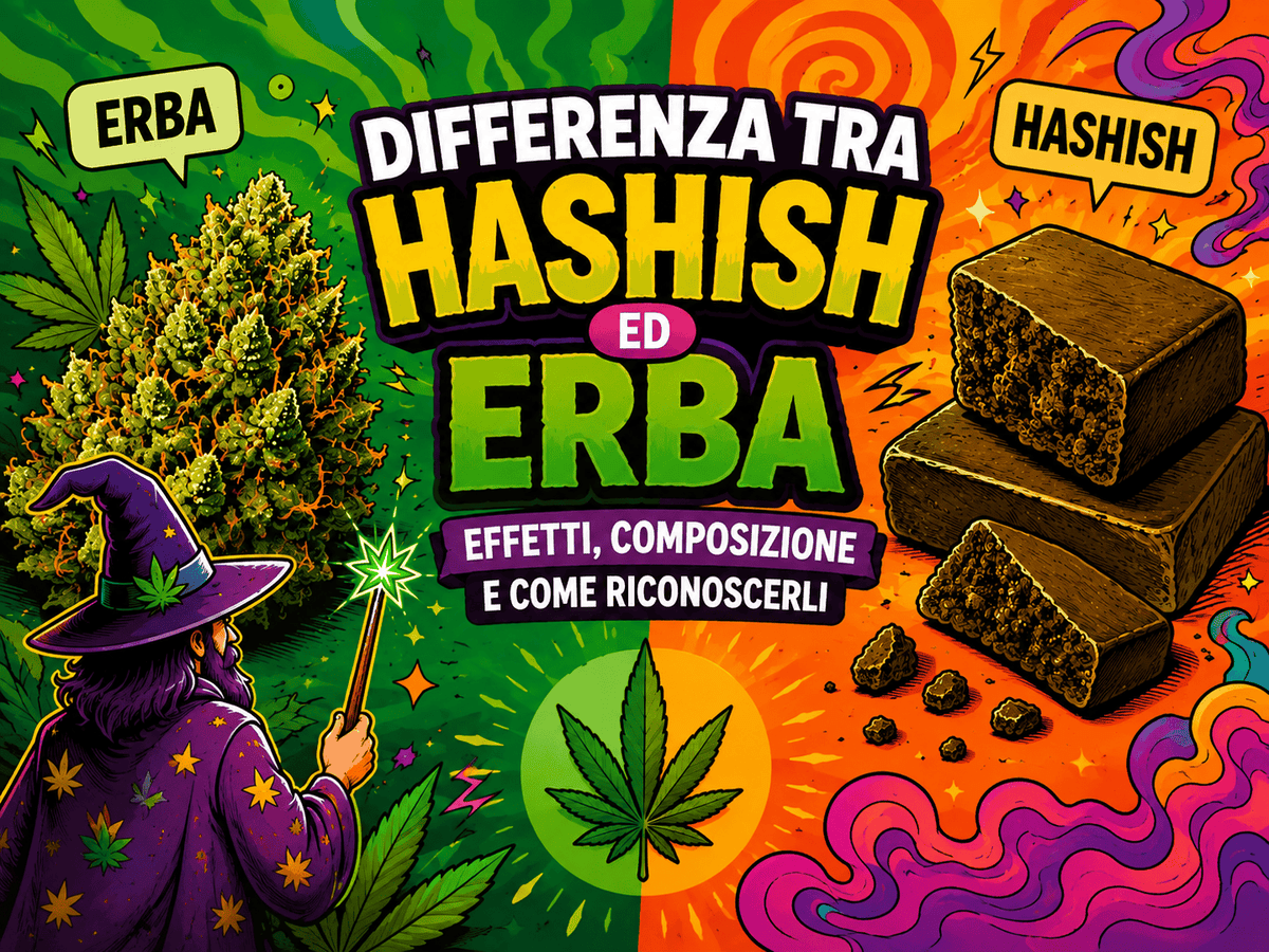 Il Mago osserva la differenza tra hashish ed erba, con cime di cannabis e blocchi di resina a confronto