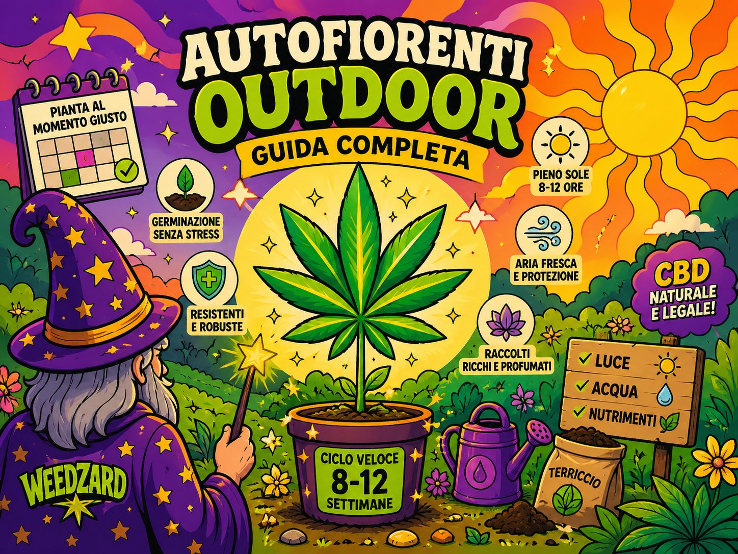 immagine psichedelica del Mago di Weedzard visto di spalle. "Autofiorenti outdoor guida completa" è il titolo principale; al centro una foglia di cannabis e intorno cartelli e indicazioni su come coltivare