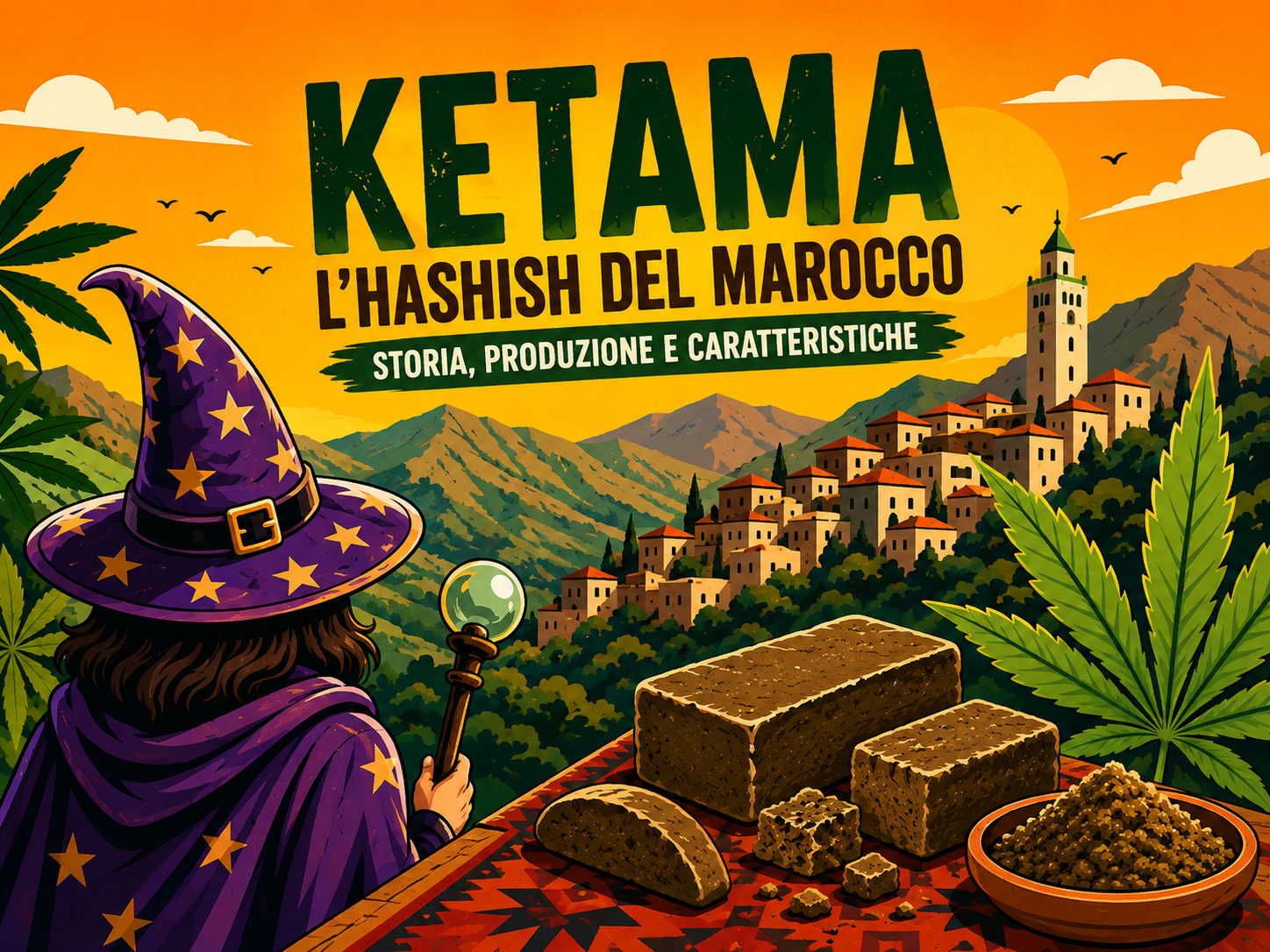  Il Mago di spalle ammira l'hashish marocchino in primo piano e il panorama sullo sfondo  