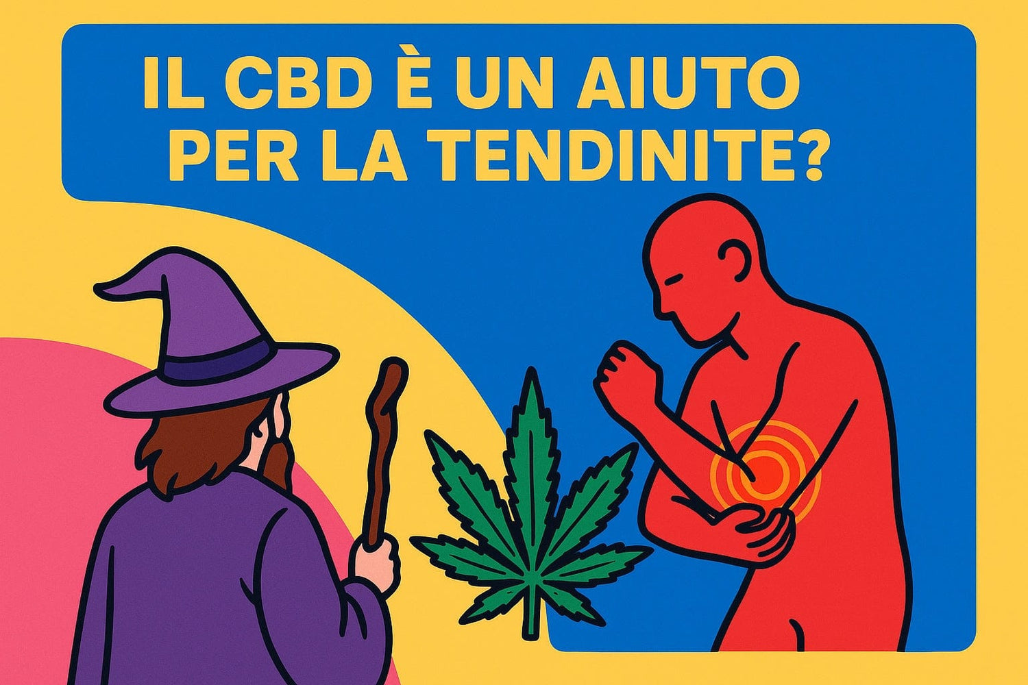 mago di weedzard con veste viola e bastone marrone. Sulla destra profilo stilizzato di un uomo rosso che si tocca il gomito dolorante. Nel mezzo, una foglia di canapa